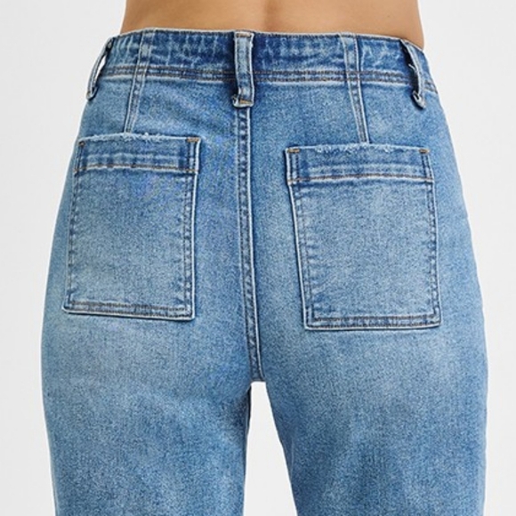 RISEN High-Rise Bootcut Cropped Ankle Mom Jeans 90s Patch Pocket Denim Pants - Picture 5 of 13